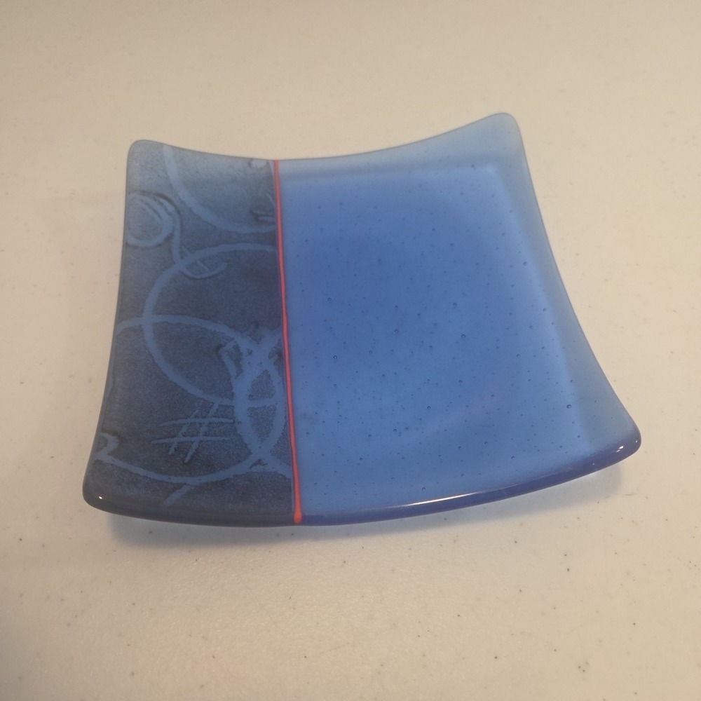 Fused Art Glass Trinket Dish Handkercheif Square MCM Style Blue Artist Signed